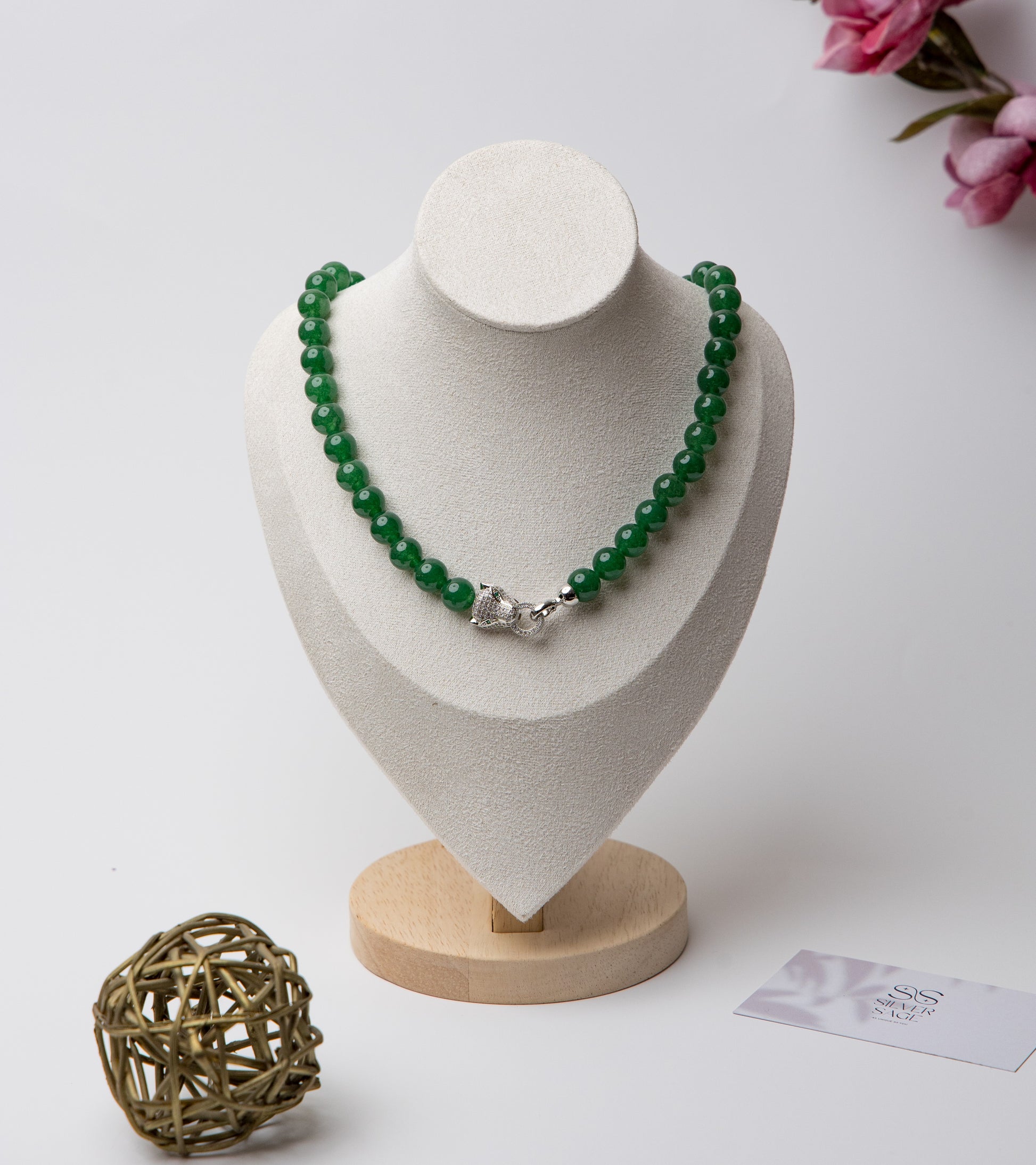 Make a fierce statement with bold jade beads and a panther clasp that exudes strength. An elevated piece with untamed energy