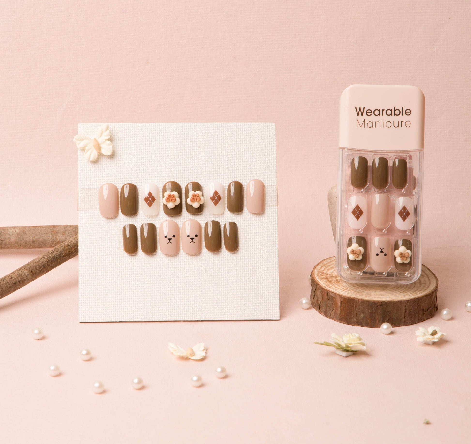 Bear and Bloom – Mocha & Pink Press-On Nails Duo